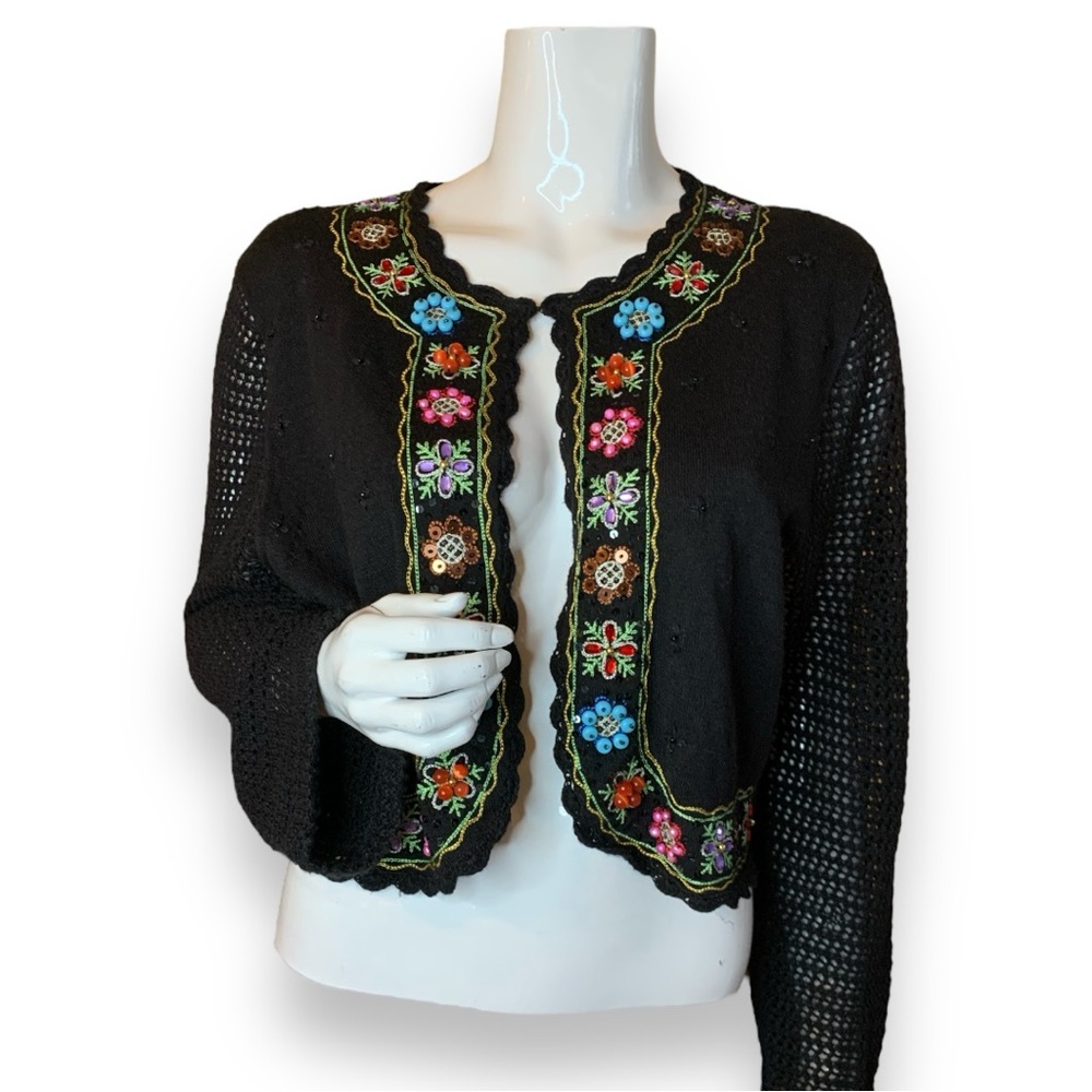 Berek Black Cropped Cardigan. Colorful Embroidery & Beading. Women’s Sz X-Large